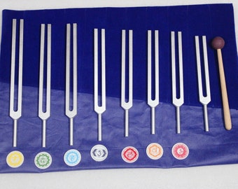 8 pc chakra tuning fork set with mallet activator and pouch for sound healing kit for use meditation tune fork 126z/136/141/172/etc