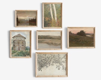 English Countryside Gallery Wall Set, Printable, Cedar, Lake Art Print, Sunset, Clouds