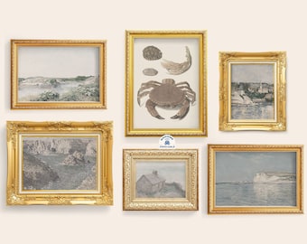 Vintage Ocean Prints Gallery Set, Neutrale tonen Kunst aan de muur, Set van 6 Prints, Neutrale Kunst aan de Muur, Gedempte Strand prints, Oceaan, Sea Vintage Art