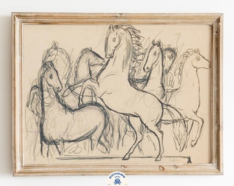 Farmhouse Wall Decor, Horse Print, Vintage Line Art Print, Pencil Art, Sketch Art Print, Antique Drawing, Digital Download, Printable