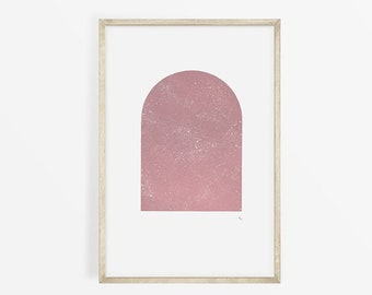 Peut inclure: Une impression encadrée d'une forme d'arche rose avec une surface texturée. L'arche est centrée sur un fond blanc.
