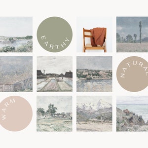 May include: A collage of nine images featuring landscapes, nature scenes, and a chair with a throw blanket. The images are in a grid format and each image has a circular text overlay with the words "Earthy", "Natural", and "Warm".