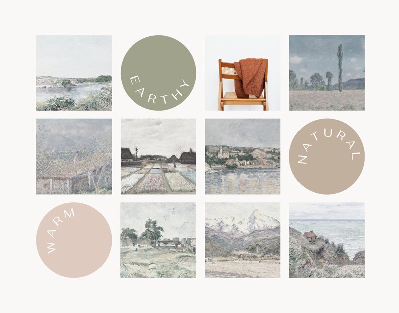 May include: A collage of nine images featuring landscapes, nature scenes, and a chair with a throw blanket. The images are in a grid format and each image has a circular text overlay with the words "Earthy", "Natural", and "Warm".