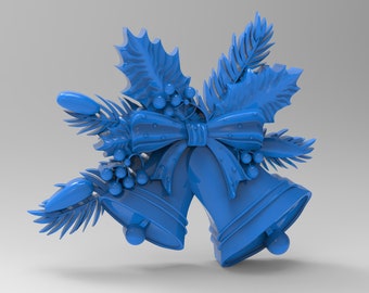 May include: Two blue bells with a blue bow and holly leaves. The bells are decorated with small blue berries.