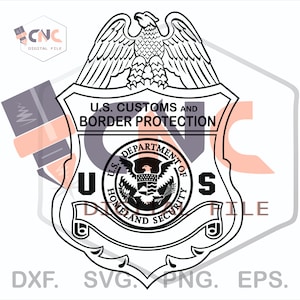 May include: Black and white line art illustration of a U.S. Customs and Border Protection badge. The badge features an eagle with outstretched wings, a shield with the text "U.S. Customs and Border Protection", and a smaller shield with the text "U.S. Department of Homeland Security".