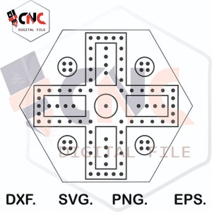 May include: A black and white line drawing of a geometric design with a cross shape in the centre. The design is surrounded by a hexagon shape with a dotted border.