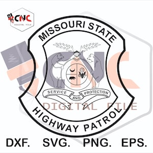 May include: Black and white line art illustration of the Missouri State Highway Patrol seal. The seal features a shield with the words "Missouri State" at the top, "Service and Protection" at the bottom, and a bear, a crescent moon, and a bald eagle inside the shield.