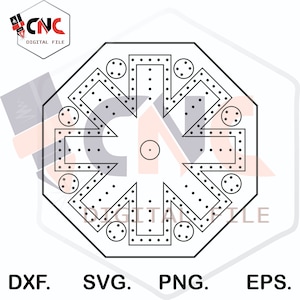 Puede incluir: Un diseño geométrico en blanco y negro con un patrón de estrella. El diseño está formado por círculos, cuadrados y triángulos. El diseño es simétrico y tiene un patrón repetitivo.