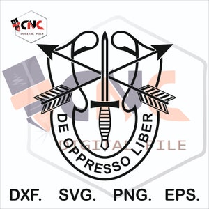 May include: Black and white vector graphic of the United States Army Special Forces  insignia. The insignia features a sword, two arrows, and the words "De Oppresso Liber" which means "To Free the Oppressed".