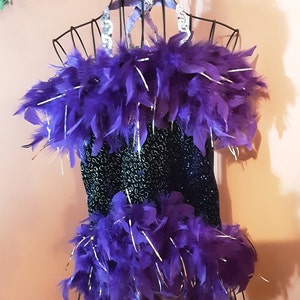 Purple Glitter Dance Costume with Feathers