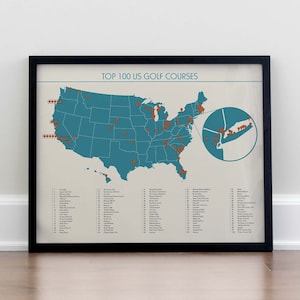 Top 100 US Golfplätze Checkliste Karte Poster Druck - Golfkurs Bucket List - Tolles Geschenk für Golfer