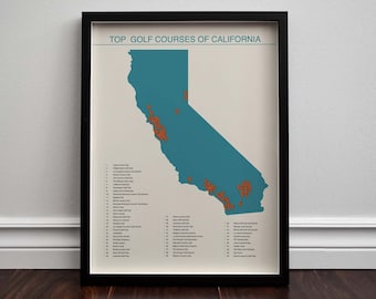 Top Golf Courses of California Checklist Map - Golf Decor Art Poster Print Giclee Best 50 Courses