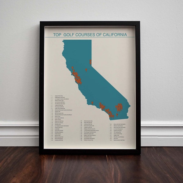 Top Golf Courses of California Checklist Map - Golf Decor Art Poster Print Giclee Best 50 Courses