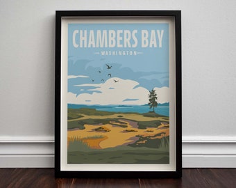 Chambers Bay, Washington Golf Minimalist Retro Travel Poster Giclee Print