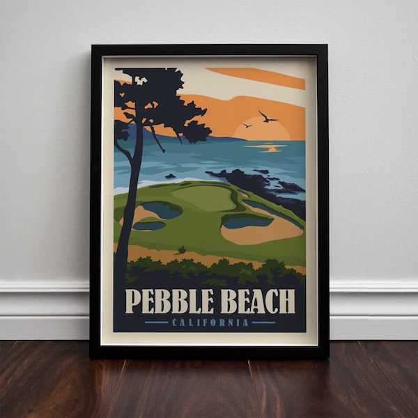 Poster da viaggio minimalista di Pebble Beach, California Golf - Retro, giclée, stampa opaca