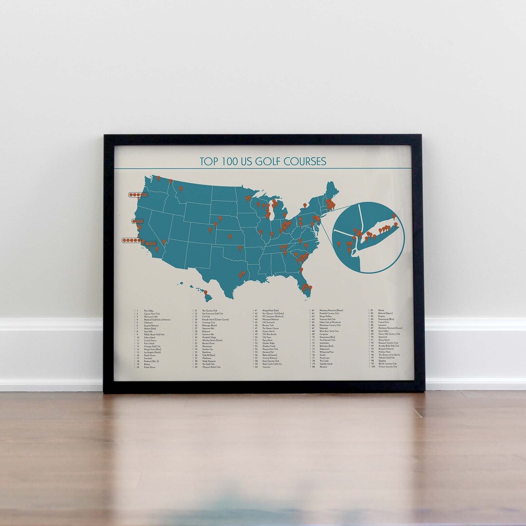 Top 100 US Golf Courses Checklist Map Poster Print Golf Course Bucket