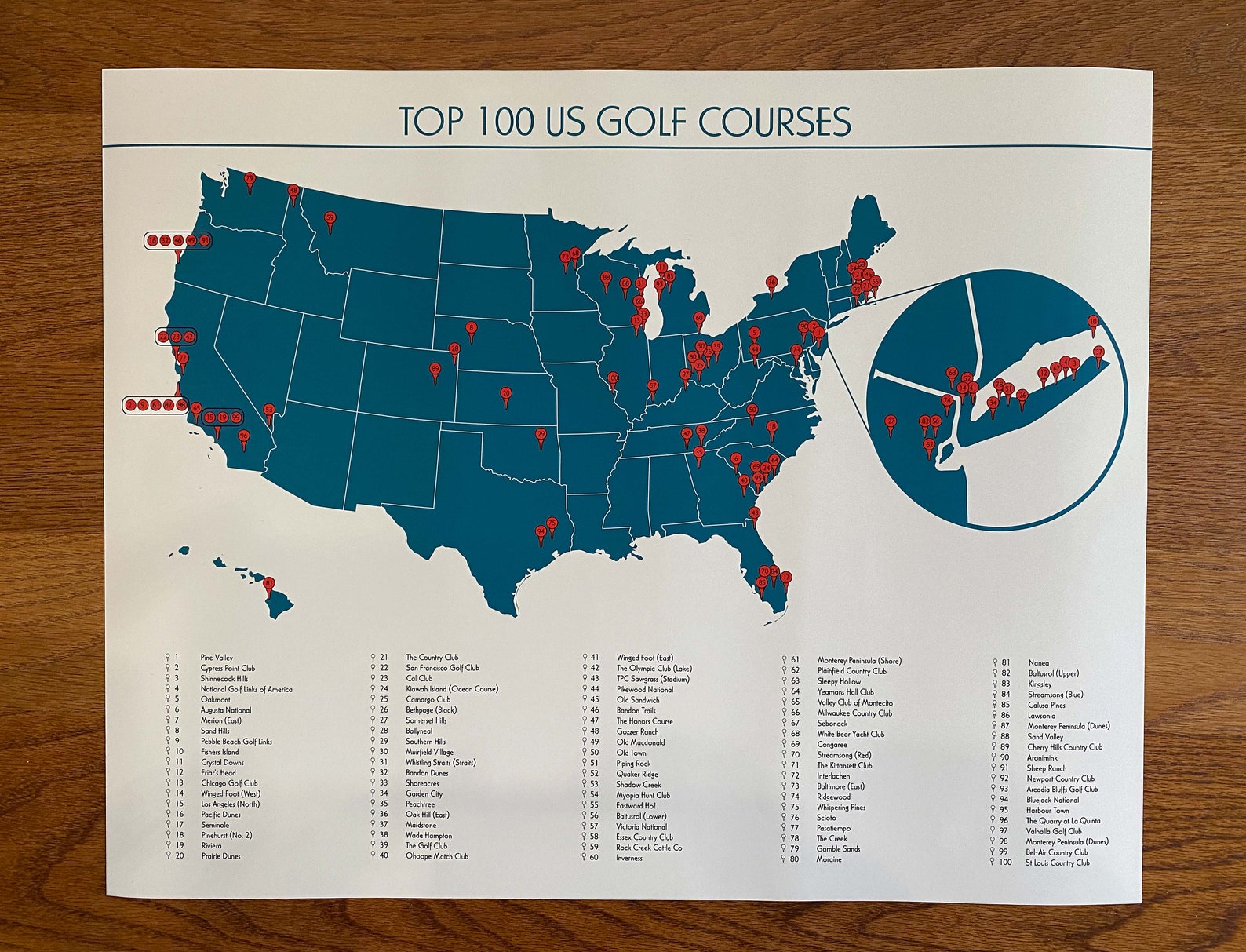 Top 100 US Golf Courses Checklist Map Poster Print Golf Etsy