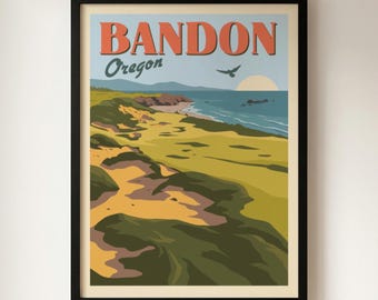 Póster de viaje minimalista retro impreso en giclée sobre Bandon, Oregón (golf): costa del Pacífico, dunas de arena.