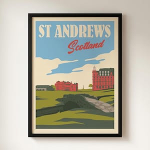 Old Course de St Andrews, Écosse - Impression giclée d'affiche de voyage rétro minimaliste - Golf Links