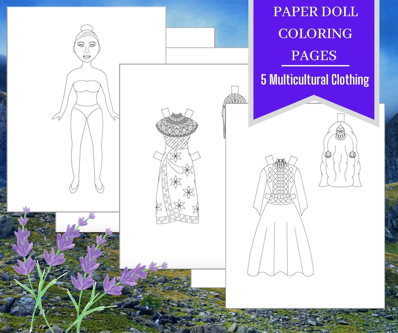 Multicultural Paper Doll Coloring Pages, Printable, Adults and Kids