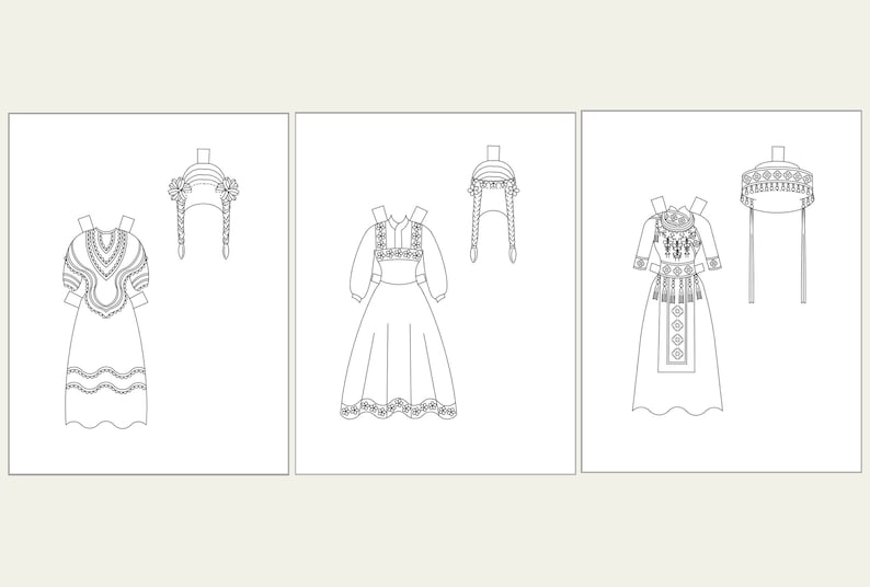 Multicultural Paper Doll Coloring Pages, Printable, Adults and Kids