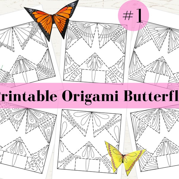 Origami Butterfly Coloring Pages, Set 1, Printable, Paper Crafts, Adult Coloring and Kids Activity