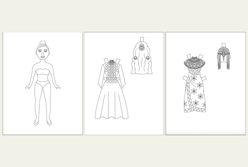 Multicultural Paper Doll Coloring Pages, Printable, Adults and Kids