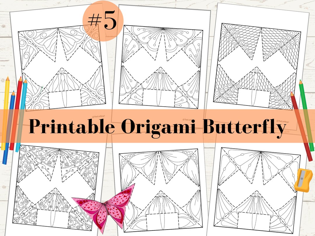 Origami Butterfly Coloring Pages, Set 5, Printable, Paper Crafts, Adult ...
