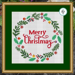 Patrón de punto de cruz de corona navideña, bordado festivo, gráfico de punto de cruz moderno (descarga en PDF)