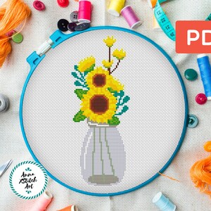 Sunflower Vase Cross Stitch Pattern: Modern Floral Embroidery (PDF Pattern)