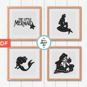 Paquete de patrones de punto de cruz de sirena: diseños minimalistas en blanco y negro, héroe de los cuentos de hadas, punto de cruz de dibujos animados, arte mural náutico