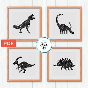 Dinosaur Cross Stitch Pattern Set: Black & White Silhouettes (PDF)
