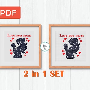 Patrón de punto de cruz &quot;Te amo mamá&quot;, regalo de punto de cruz para el día de la madre, descarga PDF, regalo hecho a mano para mamá, proyecto de punto de cruz para principiantes