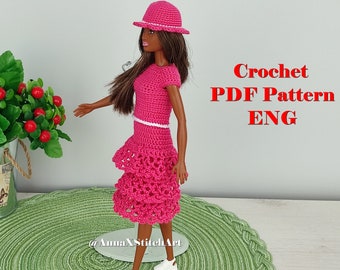 Crochet doll clothes pattern in English, 12 inch doll clothes, doll dress, outfit for small doll 11-12 inch, doll accessories crochet