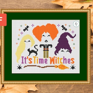 Witches Cross Stitch Pattern: Primitive Halloween Needlework (PDF Download)