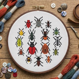 カブトムシのサンプラークロスステッチパターン、カラフルな昆虫コレクション、昆虫学標本刺繍、教育的な自然DIY