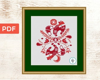 Fox cross stitch pattern, folk art cross stitch, scandinavian cross stitch, yin yang cross stitch, folk embroidery, abstract cross stitch