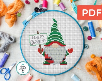 Gnome cross stitch pattern, christmas ornament, counted cross stitch chart, instant PDF, easy cross stitch cute, winter holiday cross stitch