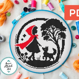 Red Riding Hood Cross Stitch Pattern, Black and White Fairy Tale, Modern Minimalist Embroidery Chart, Cartoon embroidery, Instant Download