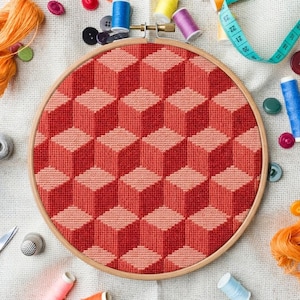 Geometrisches Würfelstichmuster, moderne optische 3D-Täuschung, PDF-Stickerei, Retro-Quilt-Design, abstrakte Wanddekoration