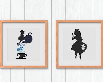 Alice im Wunderland Kreuzstichmuster Set mit Silhouette Stickmuster, Fantasie PDF Muster für einzigartige DIY Handarbeiten