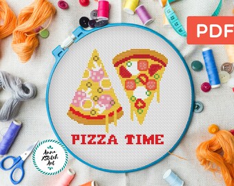Pizza food cross stitch pattern, modern kitchen cross stitch, kawaii cross stitch, baking counted cross stitch chart, food embroidery, easy