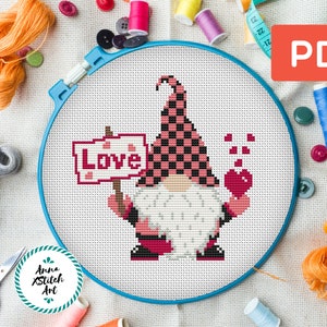 Valentine Gnome Cross Stitch Pattern PDF, Cute Gnome Cross Stitch, Love Gnome Embroidery, DIY Valentine Needlepoint, Digital Download