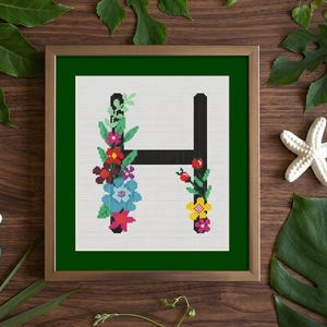 Floral Letter H Cross Stitch Pattern, Botanical Monogram Embroidery Chart, Initial H Flower Alphabet, Personalized Gift PDF Download