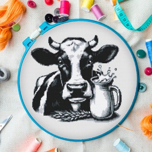Milk cow cross stitch pattern, farm animals cross stitch, black and white cross stitch art, easy embroidery, Instant Download PDF