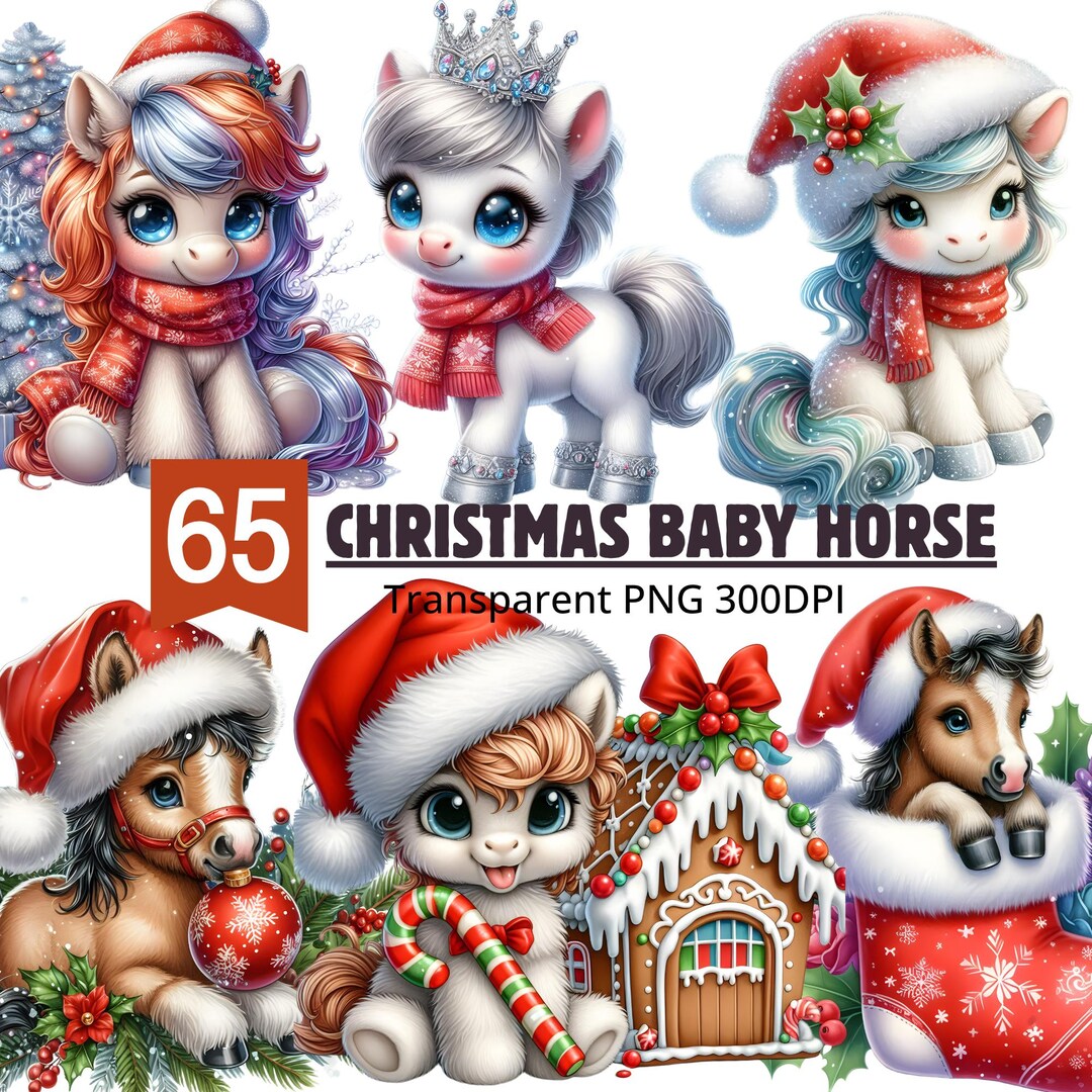 Christmas Pony PNG Clipart Bundle: 65 Watercolor Baby Horse Kawaii ...