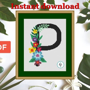 Patrón de punto de cruz con letra P floral: elegante diseño de bordado con monograma, punto de cruz inicial, punto de cruz botánico, descarga en PDF