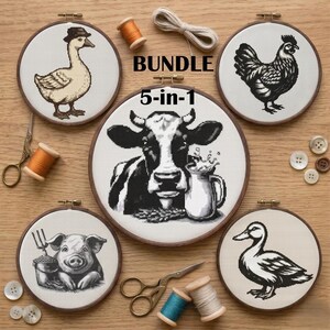 May include: A bundle of five cross-stitch patterns featuring farm animals: a duck, a cow, a pig, a chicken, and a duck. The patterns are displayed in wooden embroidery hoops, with sewing supplies like scissors and thread spools scattered around.