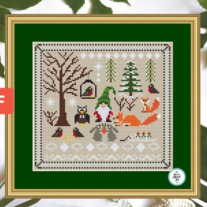 Primitive Weihnachts-Sampler mit Gnom-Kreuzstichmuster - Festliche Feiertagsdekoration, Waldtiere-Cottagecore-Dekor, Sofort-Download-PDF