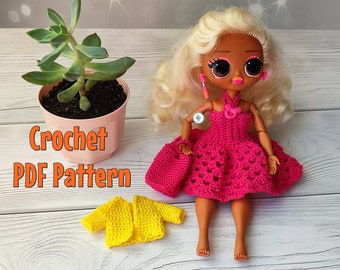 Doll clothes crochet pattern in English, 9 inch doll clothes, outfit for small doll 9 inch, dress, jacket and purse for doll crochet pattern
